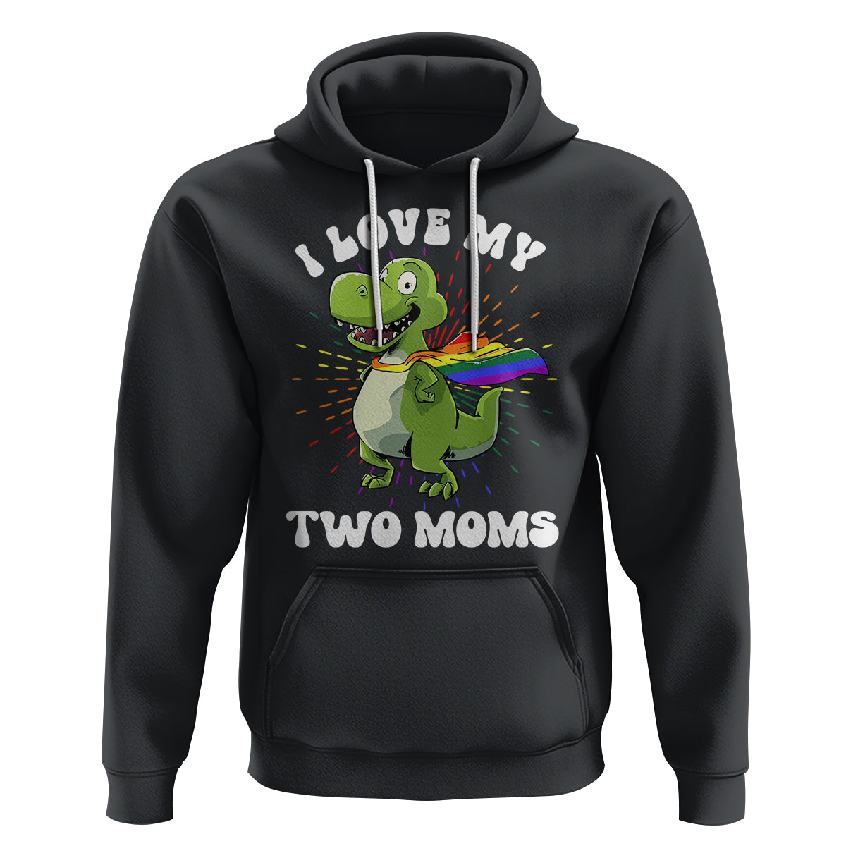 Funny Lesbian Hoodie I Love My Two Moms Rainbow Dinosaur - Wonder Print Shop