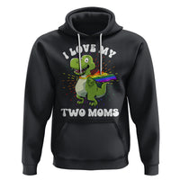 Funny Lesbian Hoodie I Love My Two Moms Rainbow Dinosaur - Wonder Print Shop