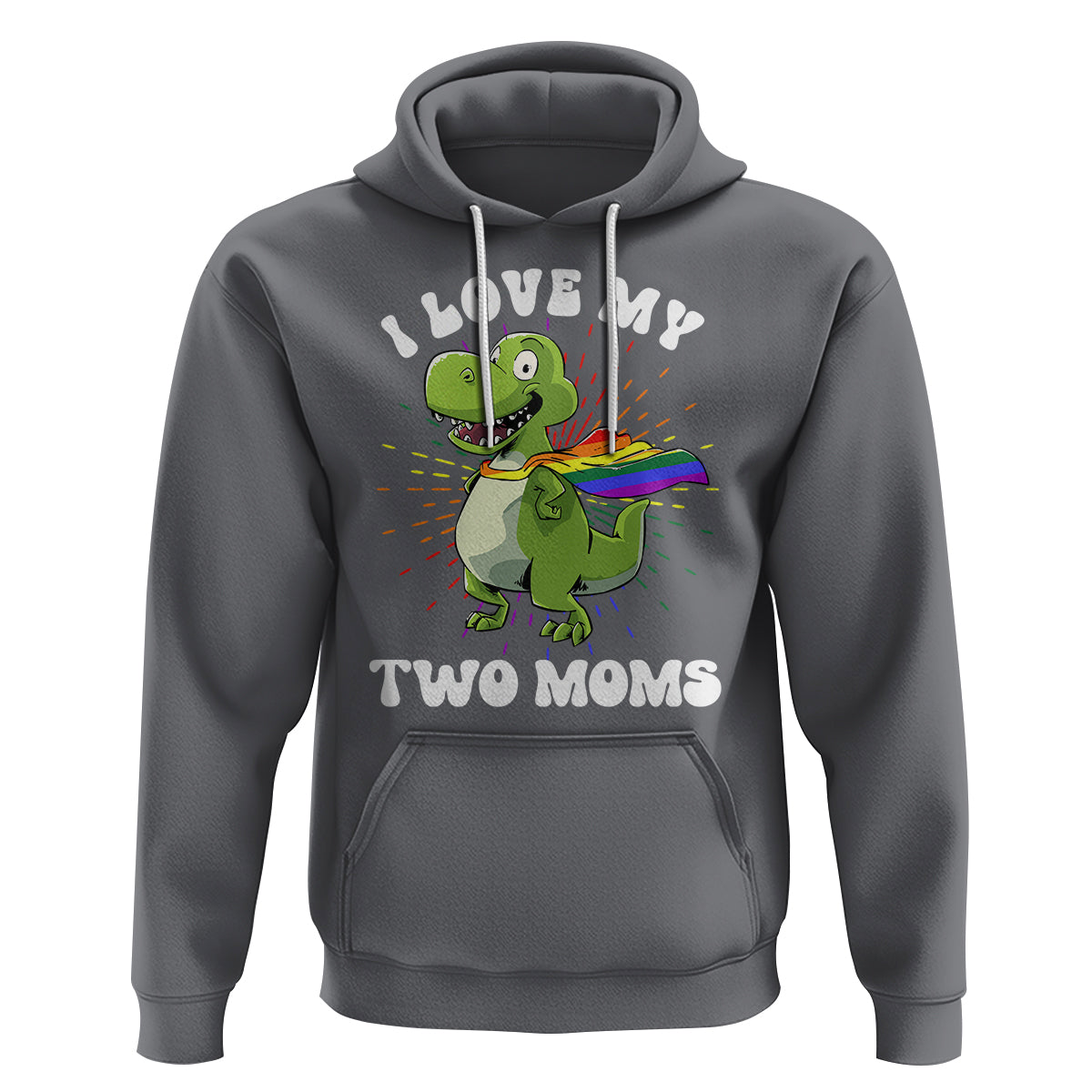 Funny Lesbian Hoodie I Love My Two Moms Rainbow Dinosaur - Wonder Print Shop
