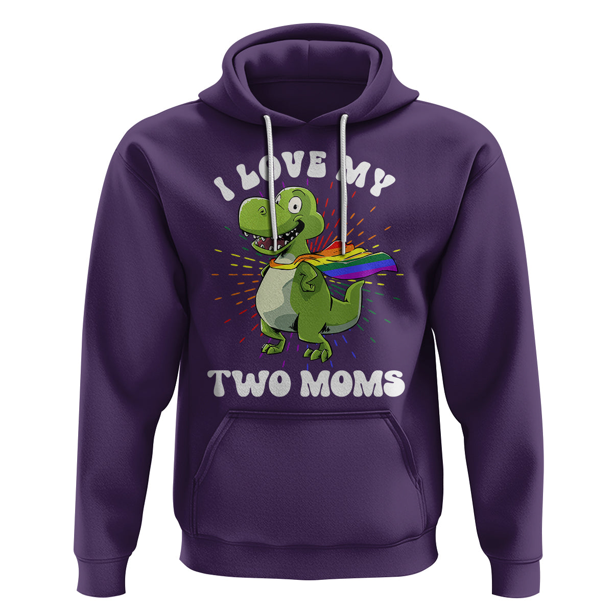 Funny Lesbian Hoodie I Love My Two Moms Rainbow Dinosaur - Wonder Print Shop