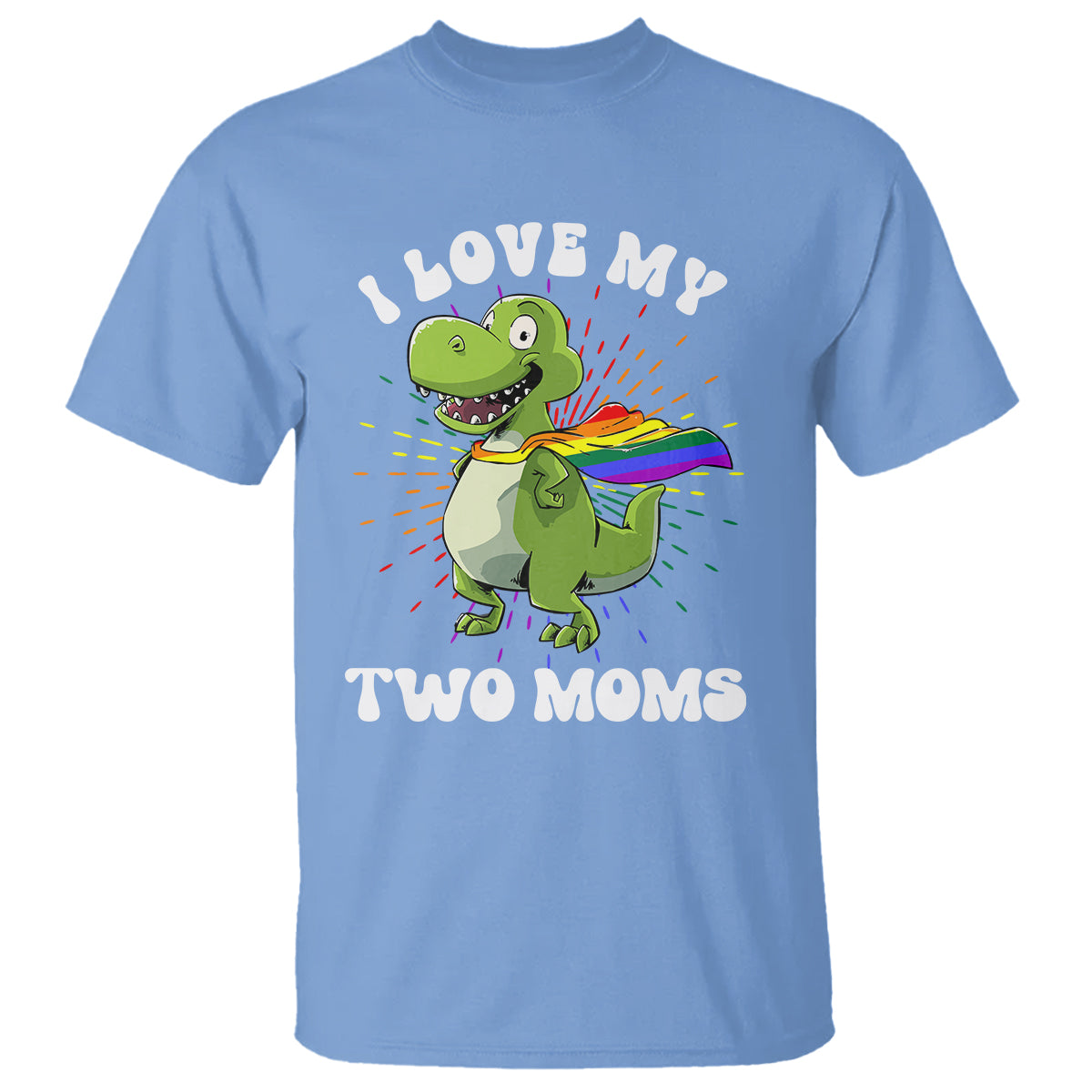 Funny Lesbian T Shirt I Love My Two Moms Rainbow Dinosaur - Wonder Print Shop