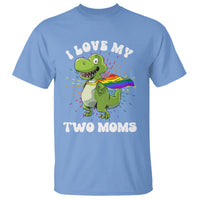 Funny Lesbian T Shirt I Love My Two Moms Rainbow Dinosaur - Wonder Print Shop