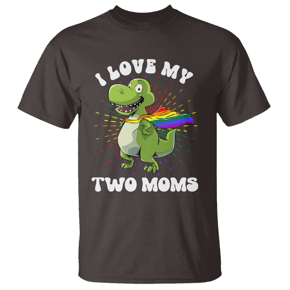 Funny Lesbian T Shirt I Love My Two Moms Rainbow Dinosaur - Wonder Print Shop