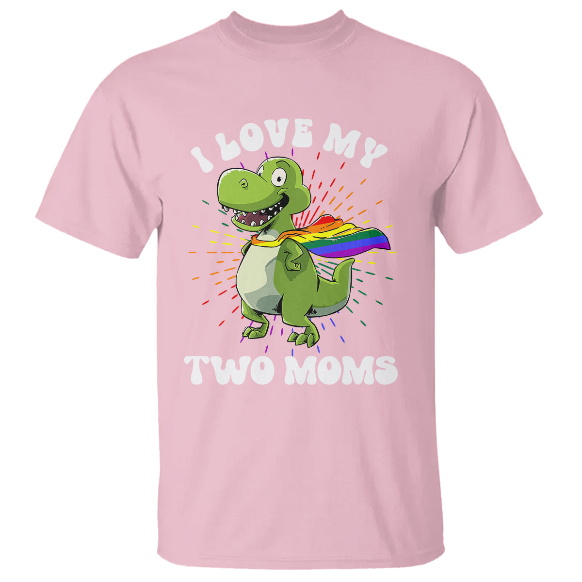 Funny Lesbian T Shirt I Love My Two Moms Rainbow Dinosaur - Wonder Print Shop