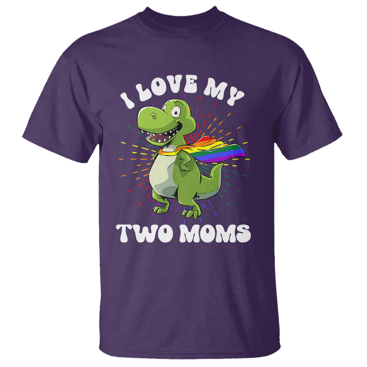 Funny Lesbian T Shirt I Love My Two Moms Rainbow Dinosaur - Wonder Print Shop