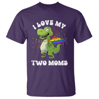 Funny Lesbian T Shirt I Love My Two Moms Rainbow Dinosaur - Wonder Print Shop