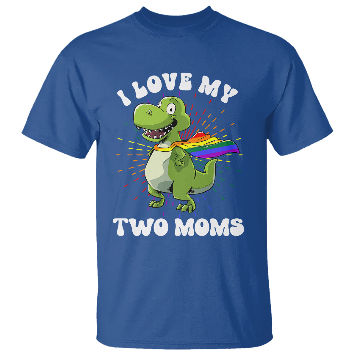 Funny Lesbian T Shirt I Love My Two Moms Rainbow Dinosaur - Wonder Print Shop