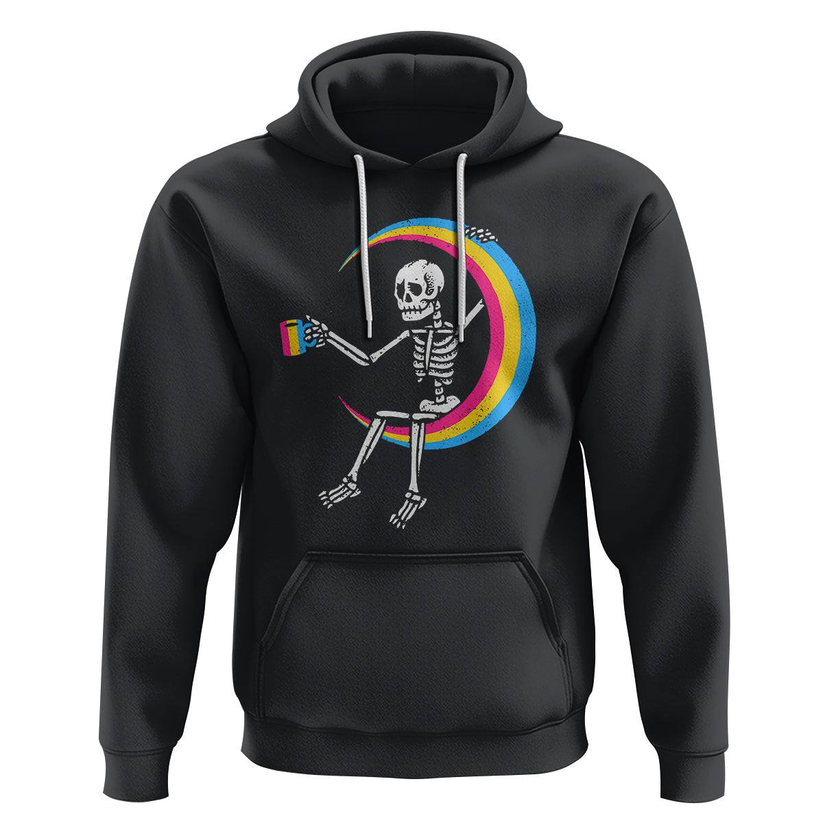 Pansexual Pride Hoodie Skeleton Drinking Coffee LGBTQ Pan Flag - Wonder Print Shop