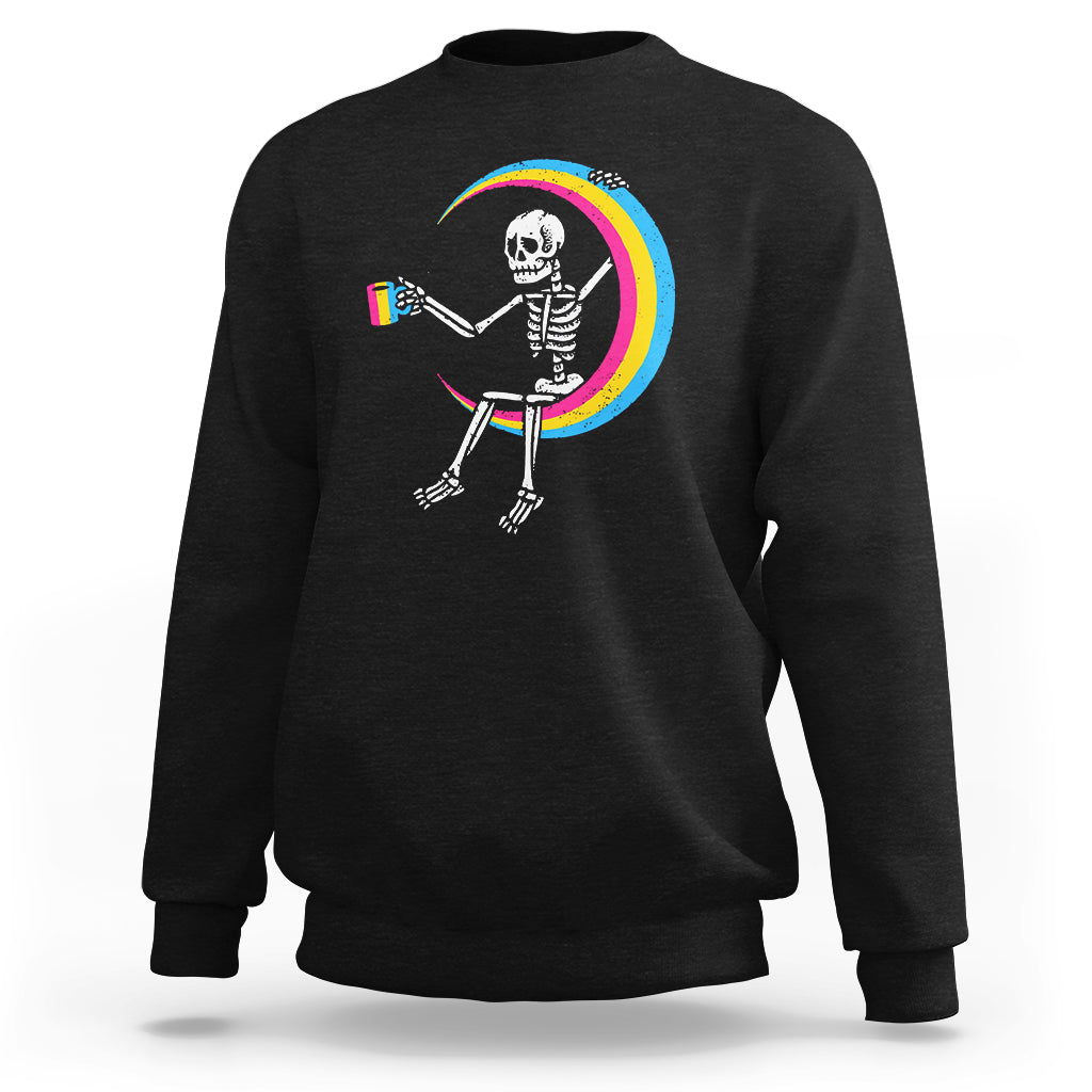Pansexual Pride Sweatshirt Skeleton Drinking Coffee LGBTQ Pan Flag - Wonder Print Shop