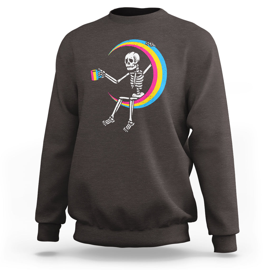 Pansexual Pride Sweatshirt Skeleton Drinking Coffee LGBTQ Pan Flag - Wonder Print Shop