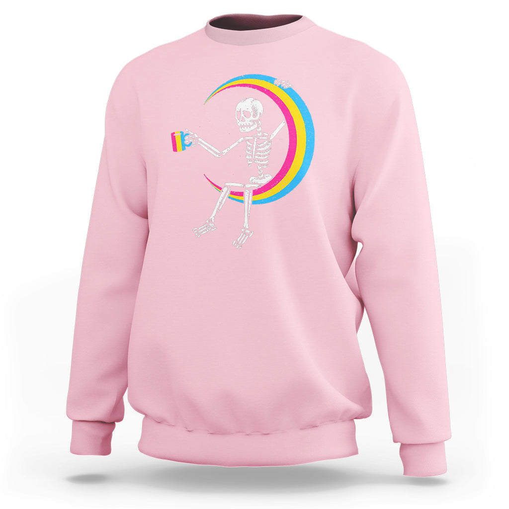 Pansexual Pride Sweatshirt Skeleton Drinking Coffee LGBTQ Pan Flag - Wonder Print Shop