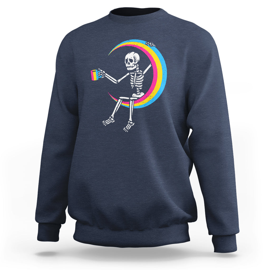 Pansexual Pride Sweatshirt Skeleton Drinking Coffee LGBTQ Pan Flag - Wonder Print Shop