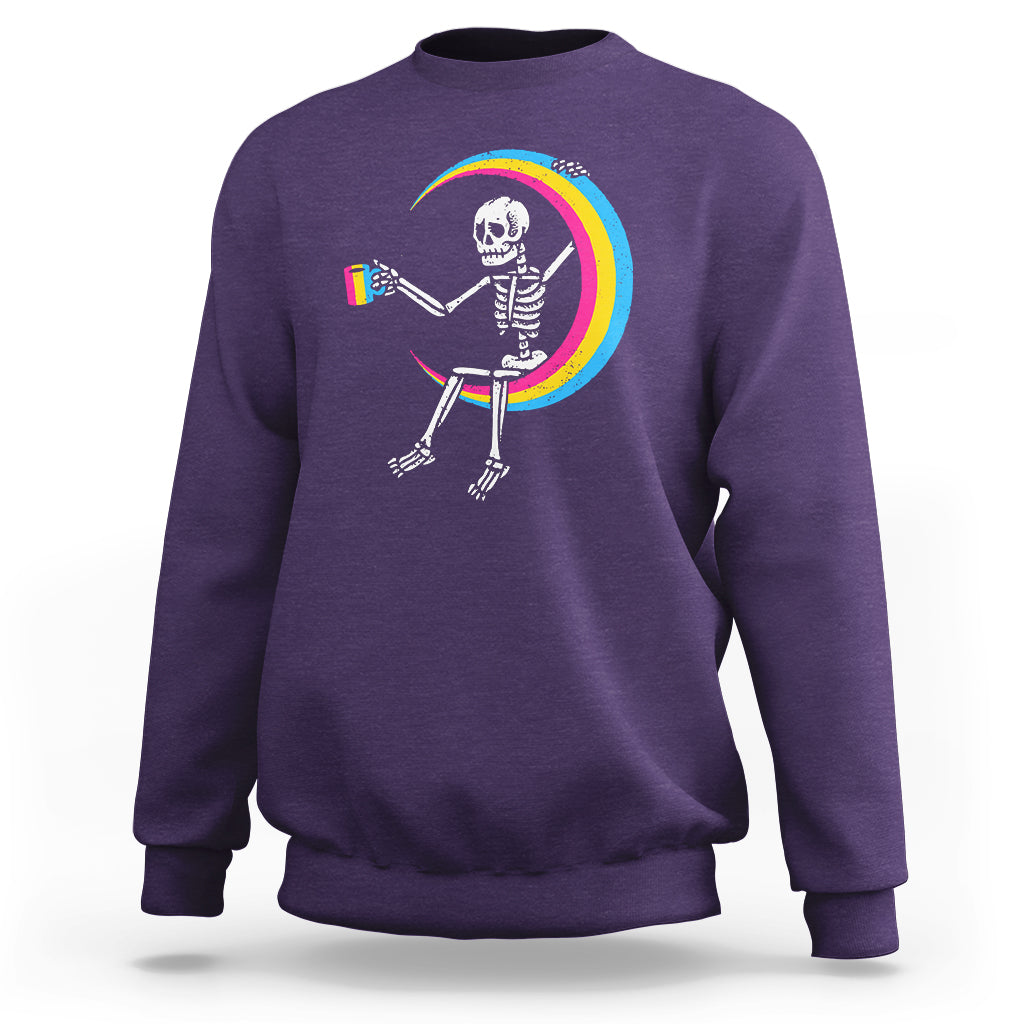 Pansexual Pride Sweatshirt Skeleton Drinking Coffee LGBTQ Pan Flag - Wonder Print Shop