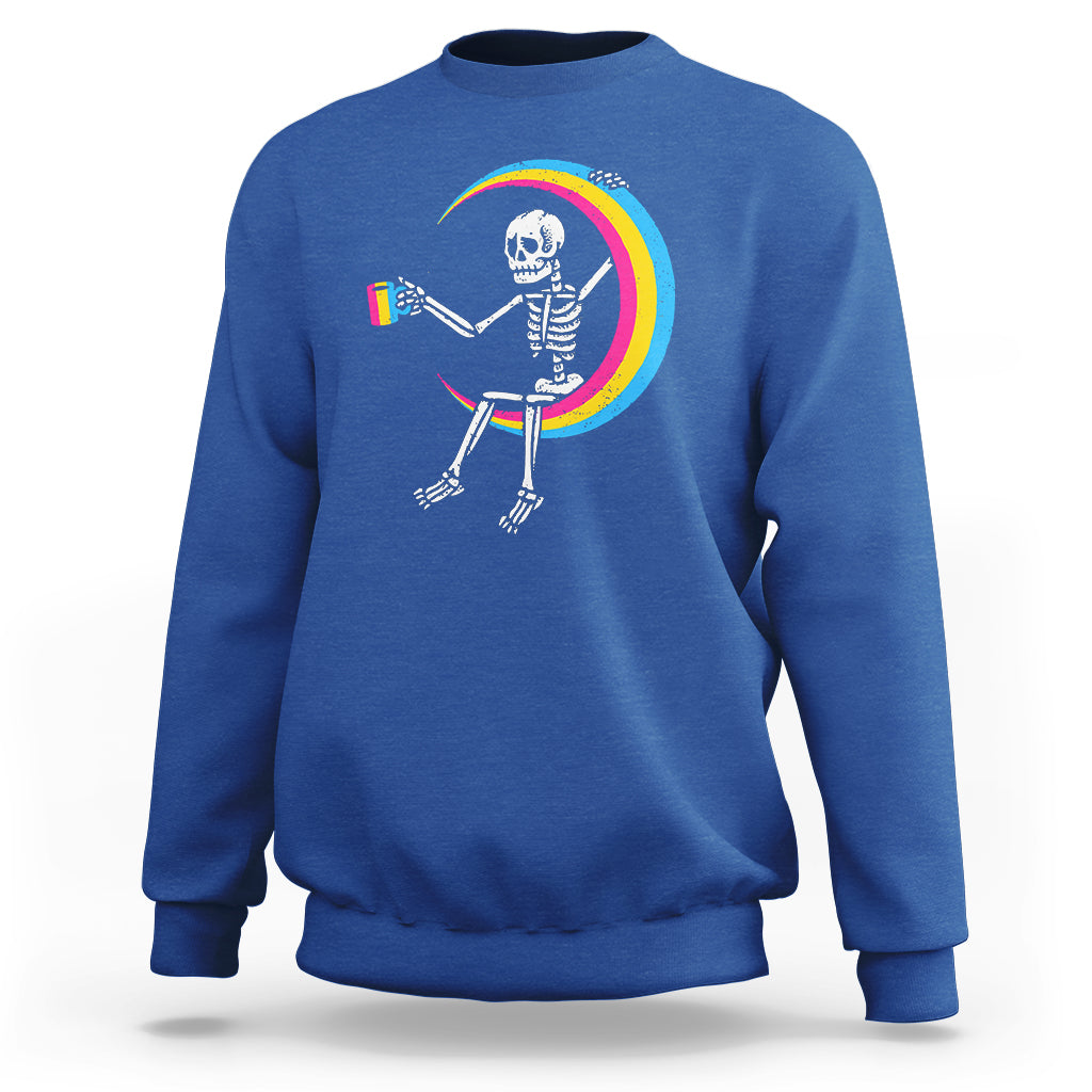 Pansexual Pride Sweatshirt Skeleton Drinking Coffee LGBTQ Pan Flag - Wonder Print Shop