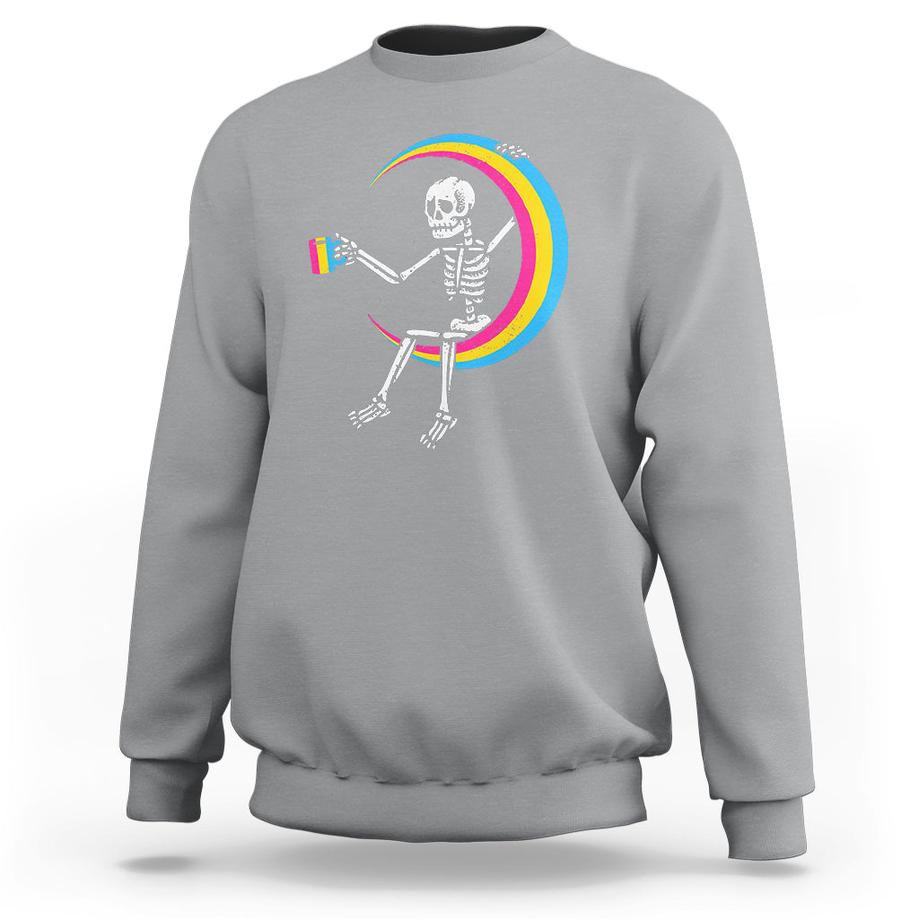 Pansexual Pride Sweatshirt Skeleton Drinking Coffee LGBTQ Pan Flag - Wonder Print Shop