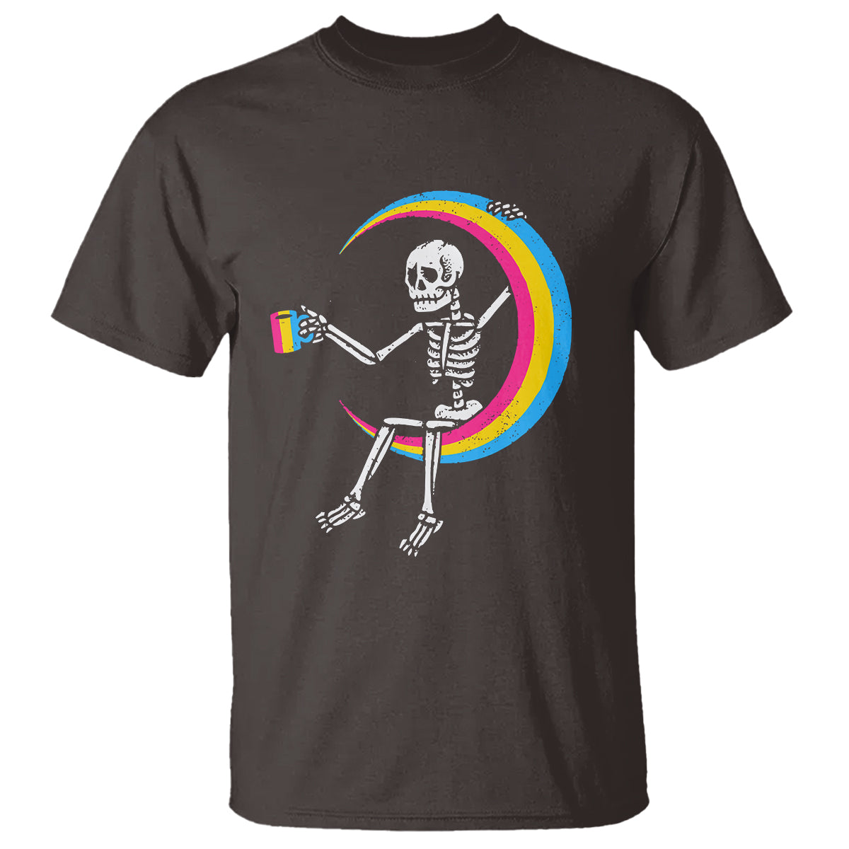 Pansexual Pride T Shirt Skeleton Drinking Coffee LGBTQ Pan Flag - Wonder Print Shop