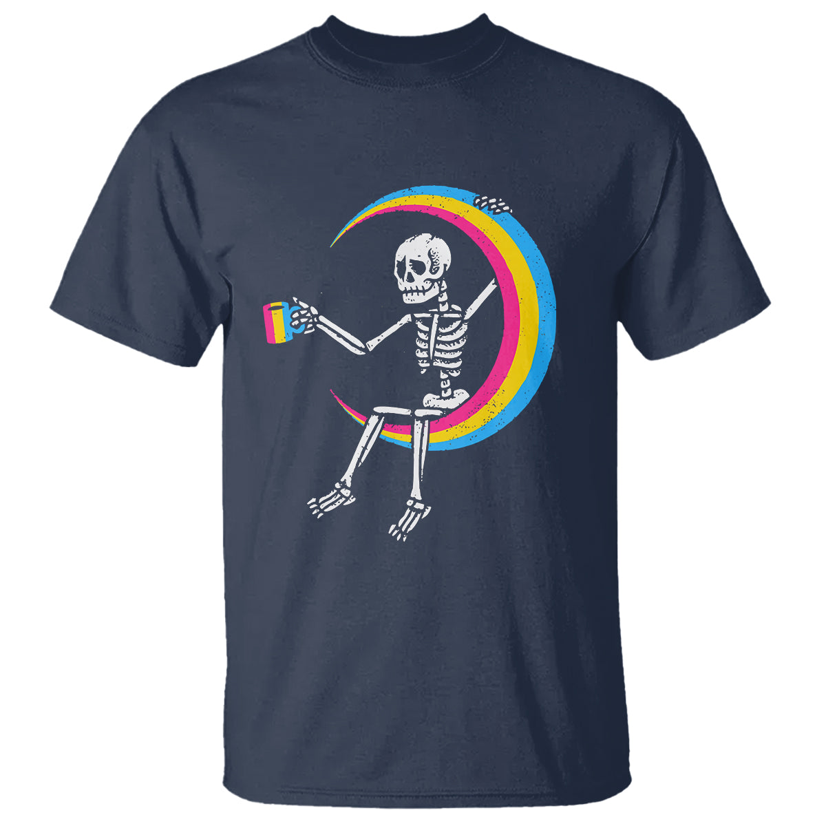 Pansexual Pride T Shirt Skeleton Drinking Coffee LGBTQ Pan Flag - Wonder Print Shop