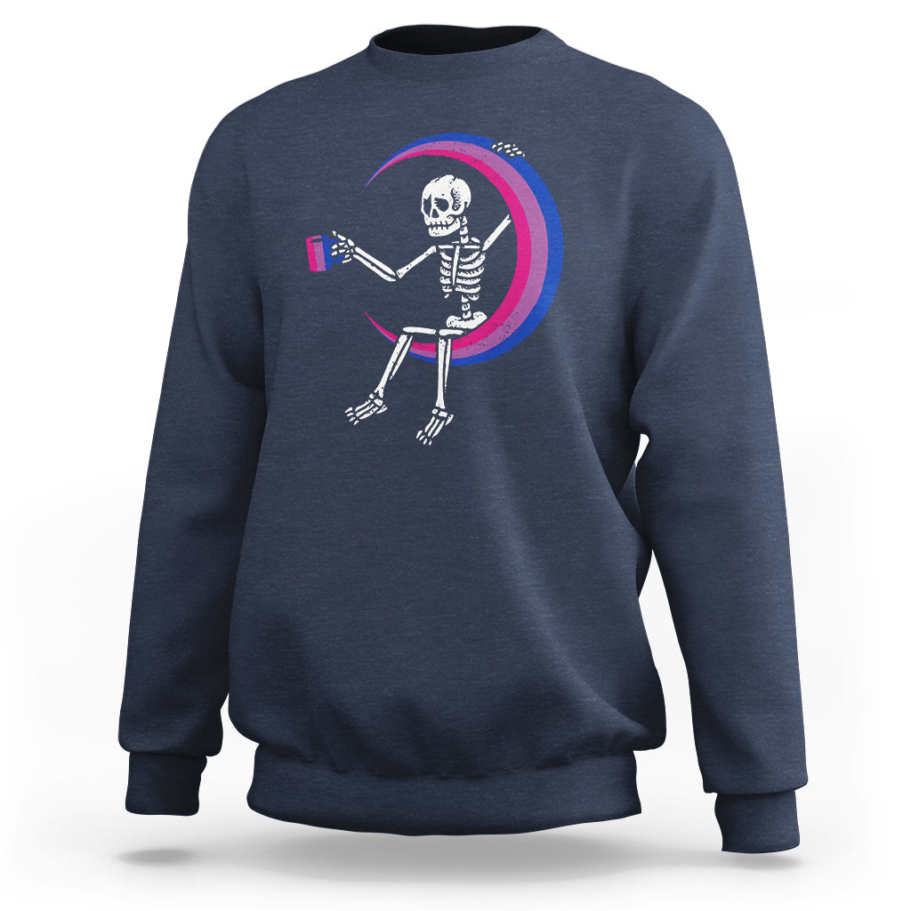 Bisexual Pride Sweatshirt Skeleton Drinking Coffee LGBTQ Bi Flag - Wonder Print Shop