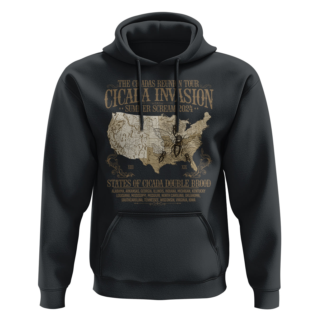 The Cicada Reunion U.S Tour 2024 Hoodie States Of Cicada Double Brood XIII & XIX American Map - Wonder Print Shop