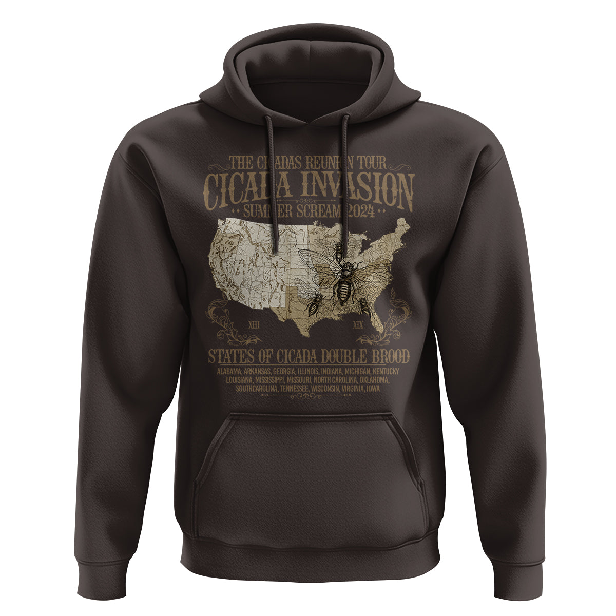 The Cicada Reunion U.S Tour 2024 Hoodie States Of Cicada Double Brood XIII & XIX American Map - Wonder Print Shop