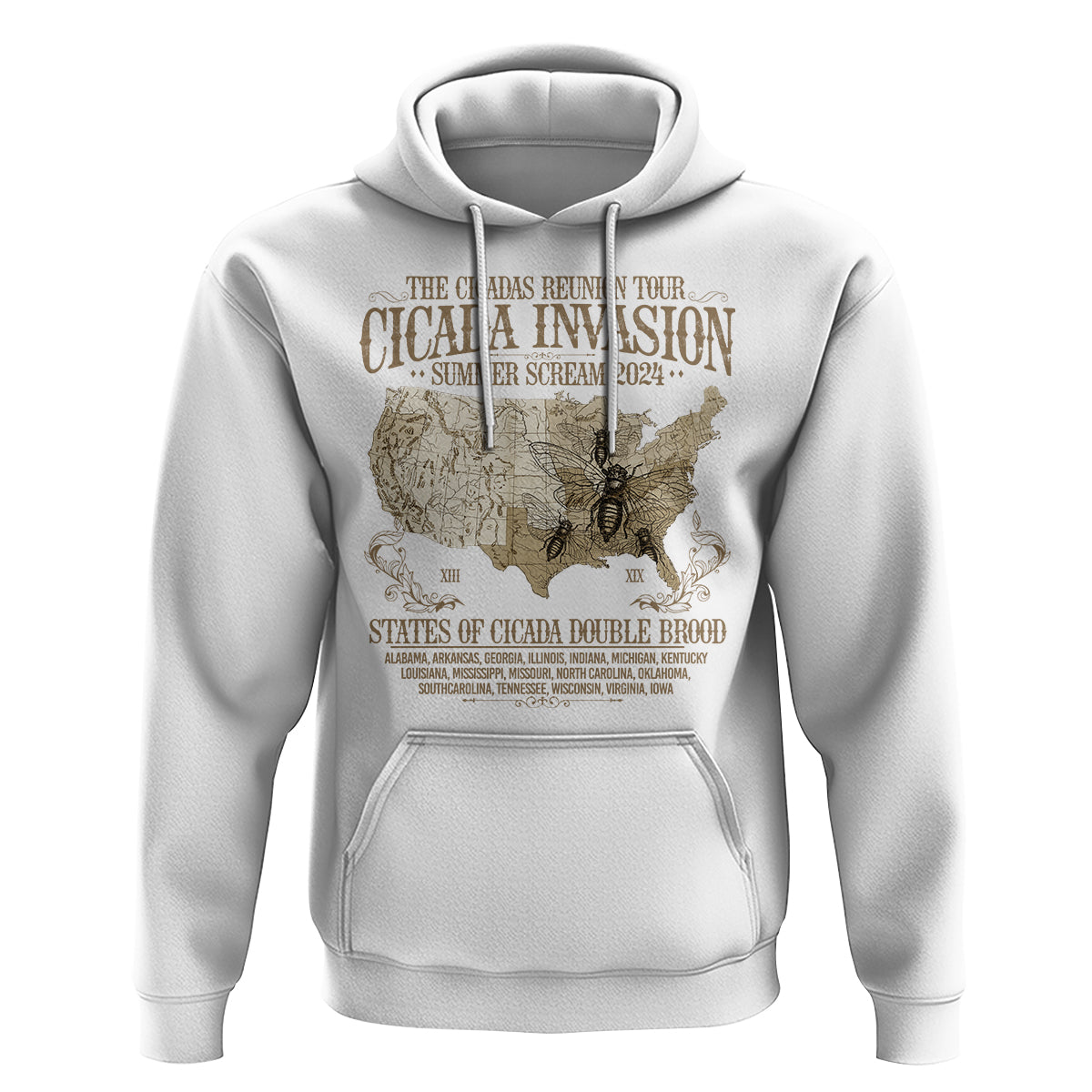 The Cicada Reunion U.S Tour 2024 Hoodie States Of Cicada Double Brood XIII & XIX American Map - Wonder Print Shop