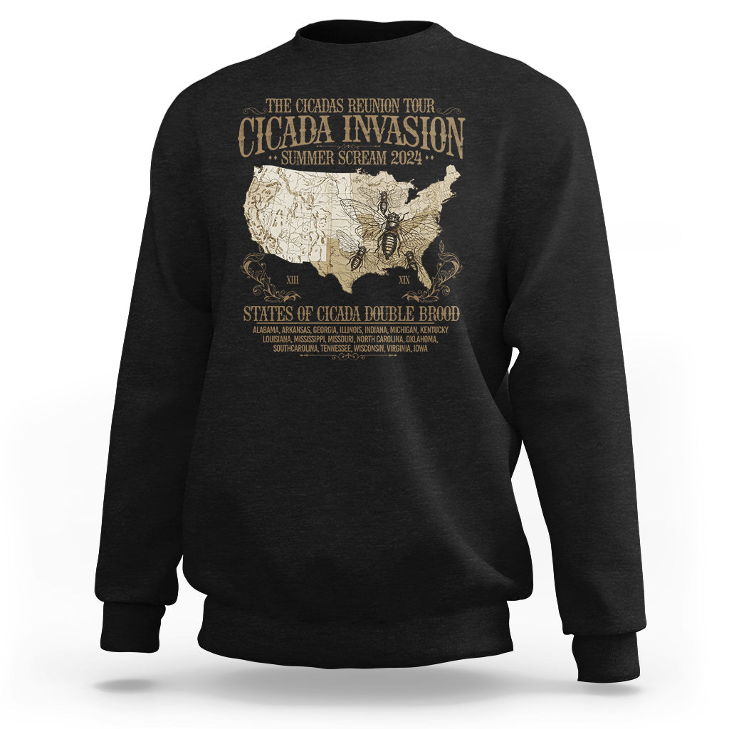 The Cicada Reunion U.S Tour 2024 Sweatshirt States Of Cicada Double Brood XIII & XIX American Map - Wonder Print Shop