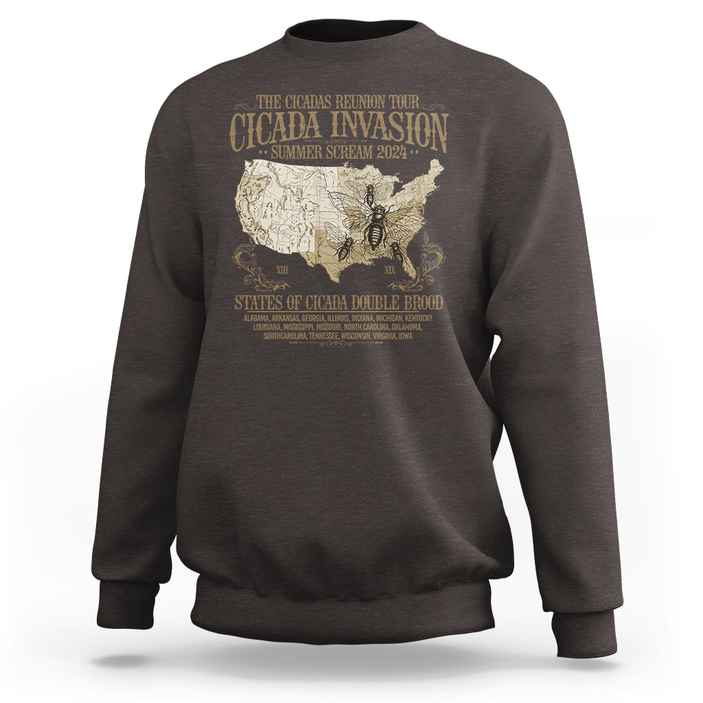 The Cicada Reunion U.S Tour 2024 Sweatshirt States Of Cicada Double Brood XIII & XIX American Map - Wonder Print Shop