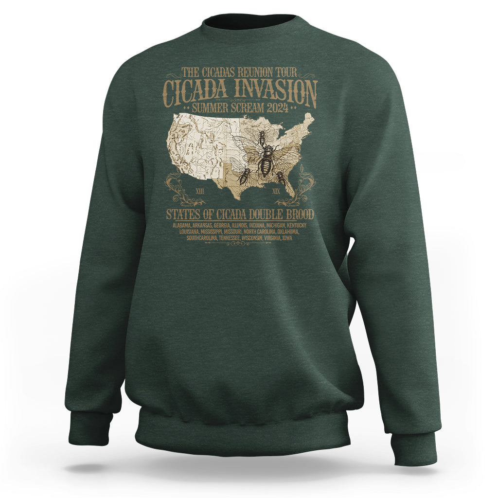 The Cicada Reunion U.S Tour 2024 Sweatshirt States Of Cicada Double Brood XIII & XIX American Map - Wonder Print Shop