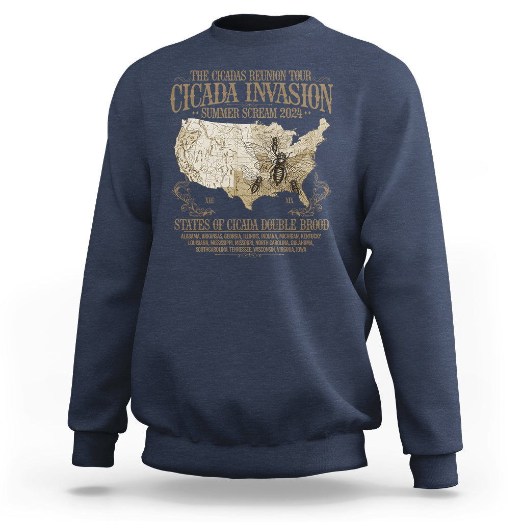 The Cicada Reunion U.S Tour 2024 Sweatshirt States Of Cicada Double Brood XIII & XIX American Map - Wonder Print Shop