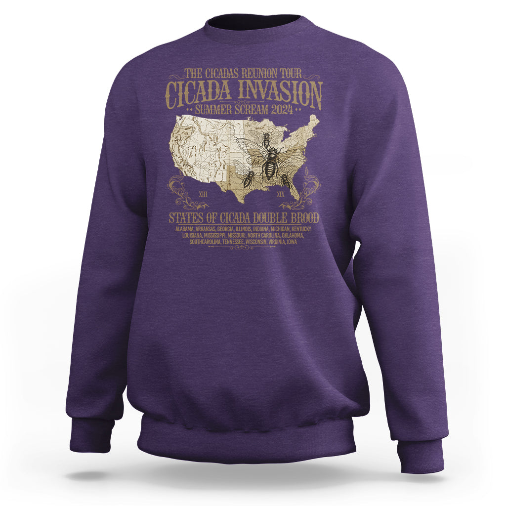 The Cicada Reunion U.S Tour 2024 Sweatshirt States Of Cicada Double Brood XIII & XIX American Map - Wonder Print Shop
