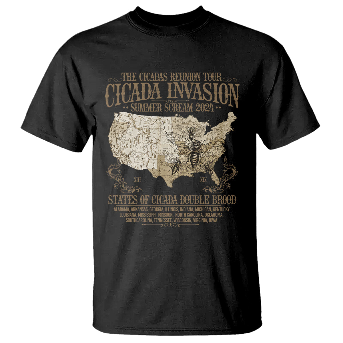 The Cicada Reunion U.S Tour 2024 T Shirt States Of Cicada Double Brood XIII & XIX American Map - Wonder Print Shop