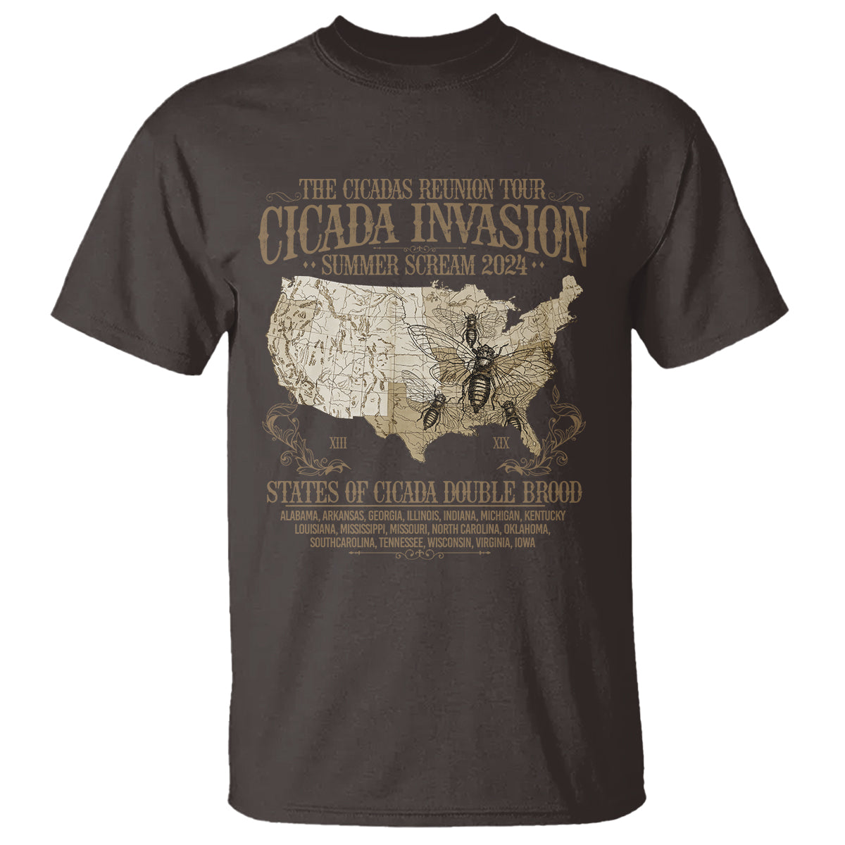The Cicada Reunion U.S Tour 2024 T Shirt States Of Cicada Double Brood XIII & XIX American Map - Wonder Print Shop