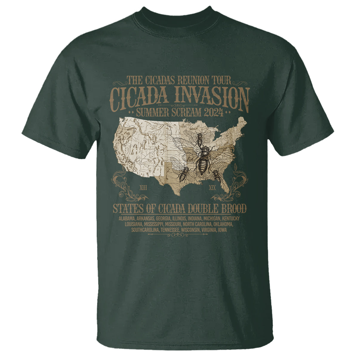 The Cicada Reunion U.S Tour 2024 T Shirt States Of Cicada Double Brood XIII & XIX American Map - Wonder Print Shop