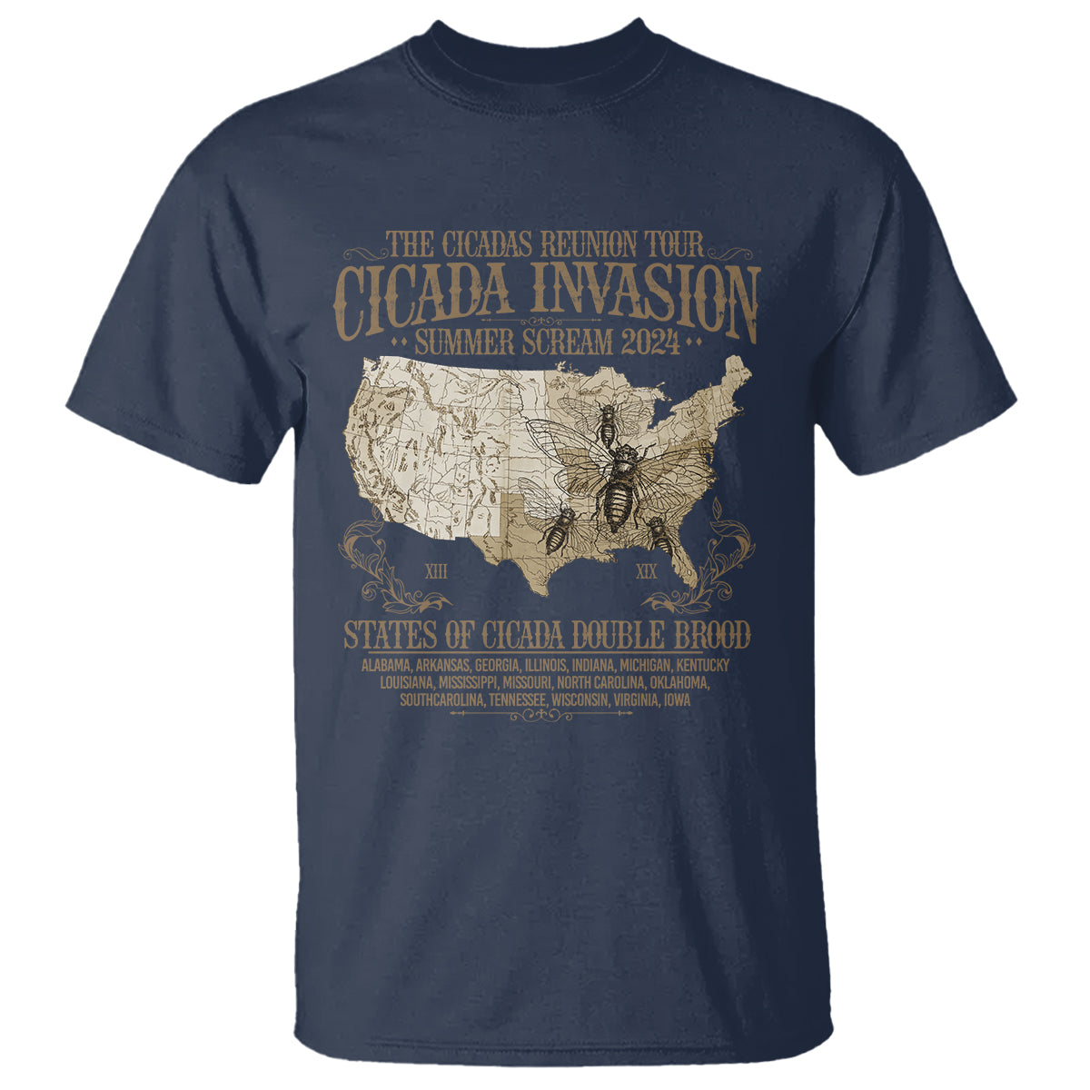 The Cicada Reunion U.S Tour 2024 T Shirt States Of Cicada Double Brood XIII & XIX American Map - Wonder Print Shop