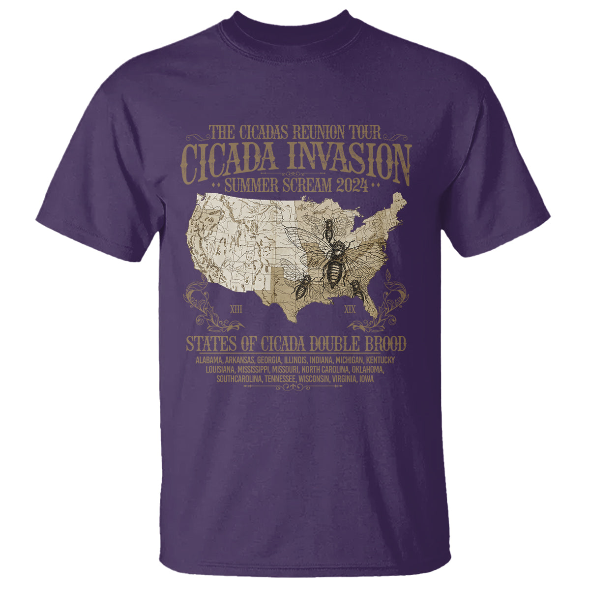 The Cicada Reunion U.S Tour 2024 T Shirt States Of Cicada Double Brood XIII & XIX American Map - Wonder Print Shop