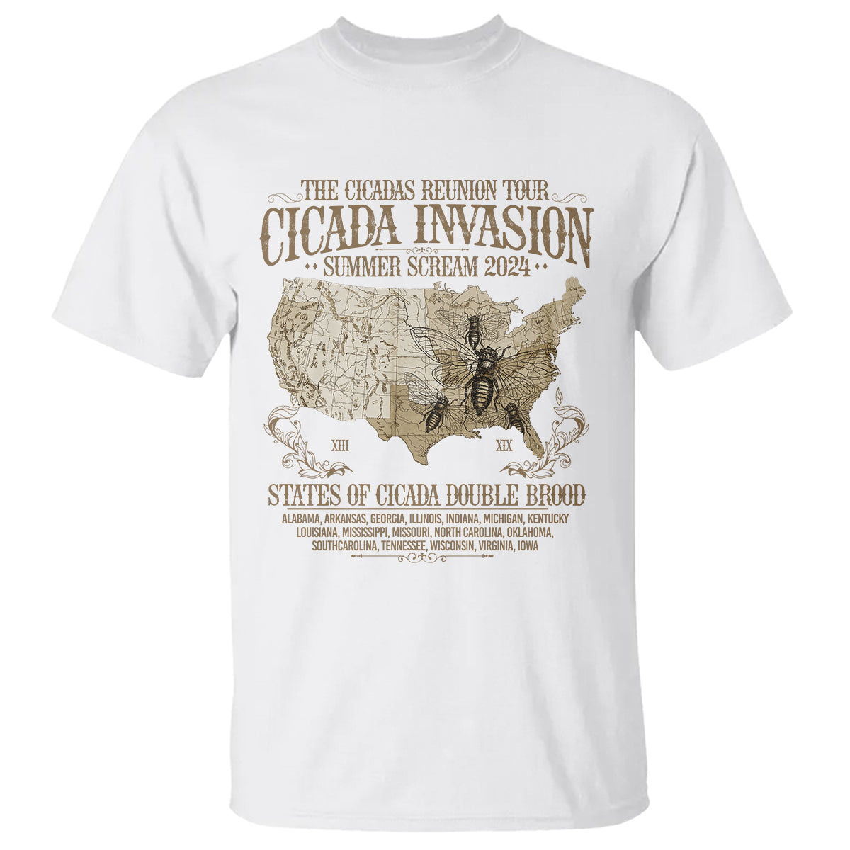 The Cicada Reunion U.S Tour 2024 T Shirt States Of Cicada Double Brood XIII & XIX American Map - Wonder Print Shop