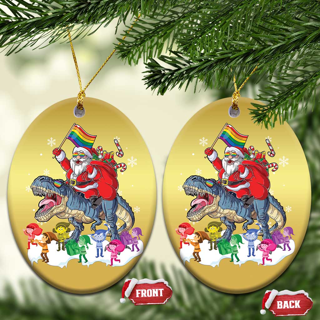 Funny Xmas LGBT Christmas Ornament Rainbow Flag Santa Riding Dinosaur - Wonder Print Shop