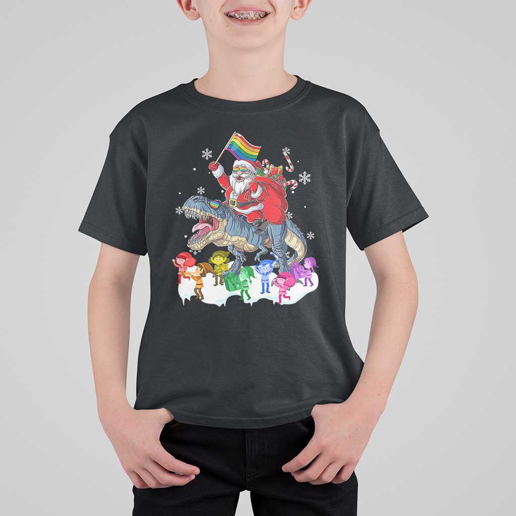 Funny Christmas LGBT T Shirt For Kid Rainbow Flag Santa Riding Dinosaur - Wonder Print Shop