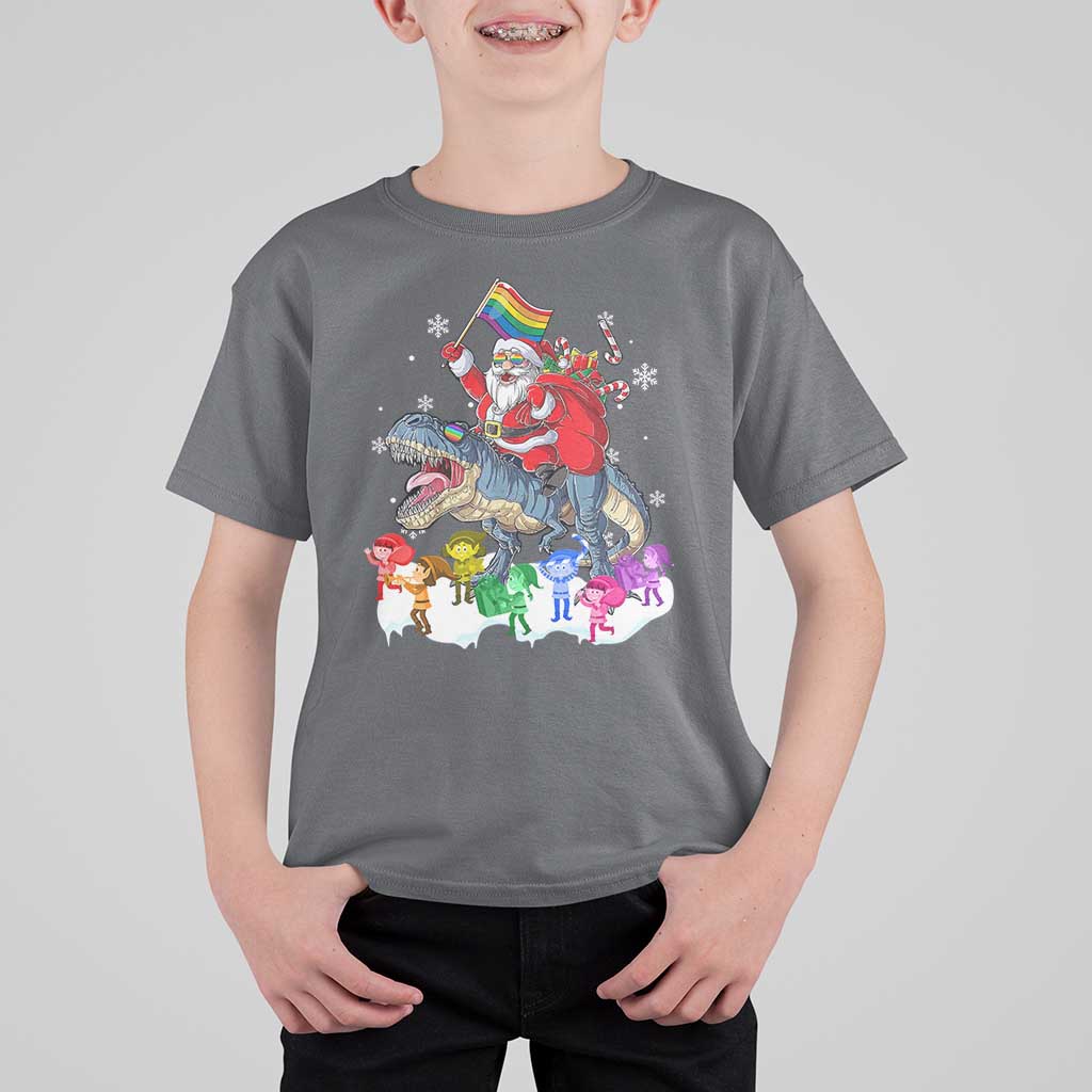 Funny Christmas LGBT T Shirt For Kid Rainbow Flag Santa Riding Dinosaur - Wonder Print Shop