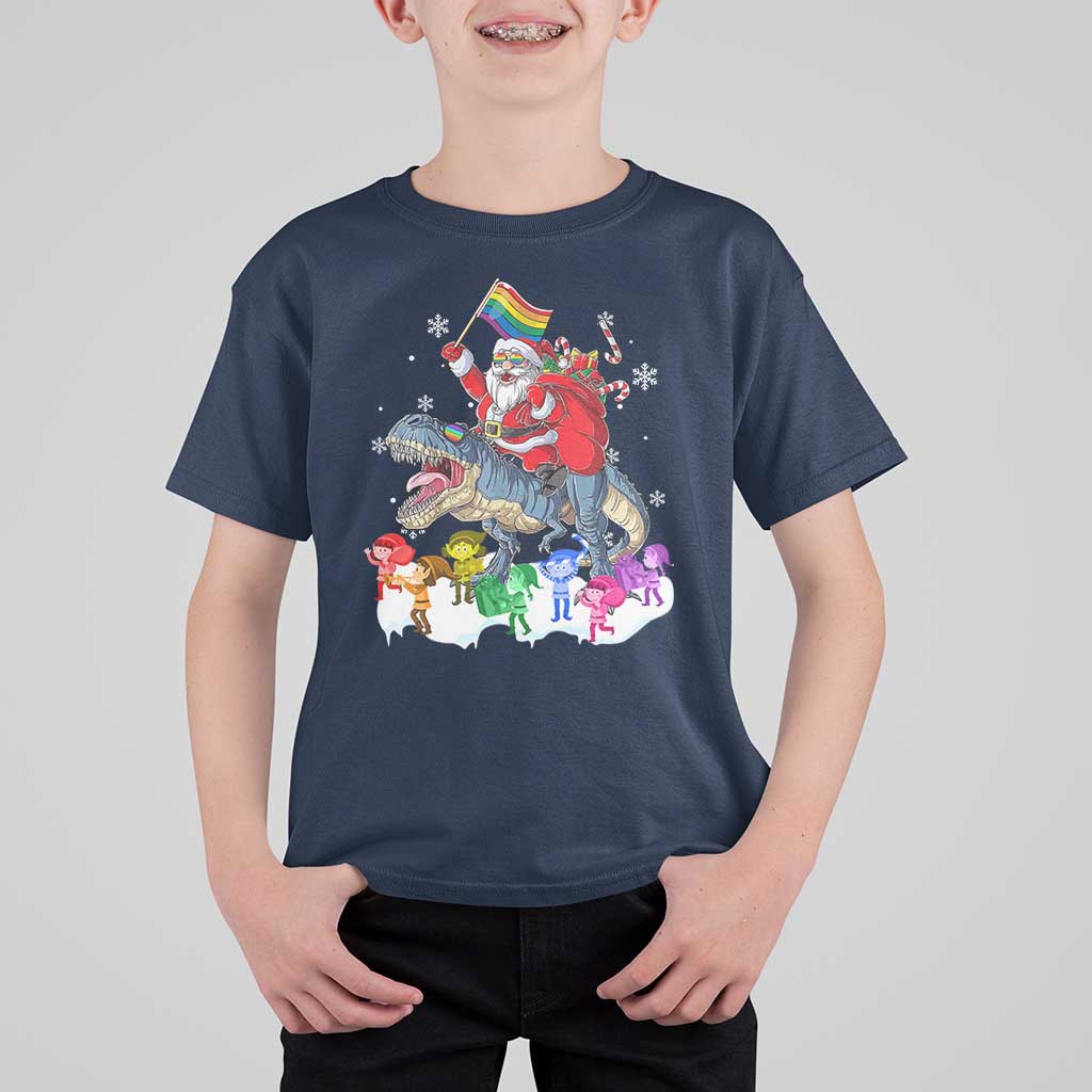 Funny Christmas LGBT T Shirt For Kid Rainbow Flag Santa Riding Dinosaur - Wonder Print Shop