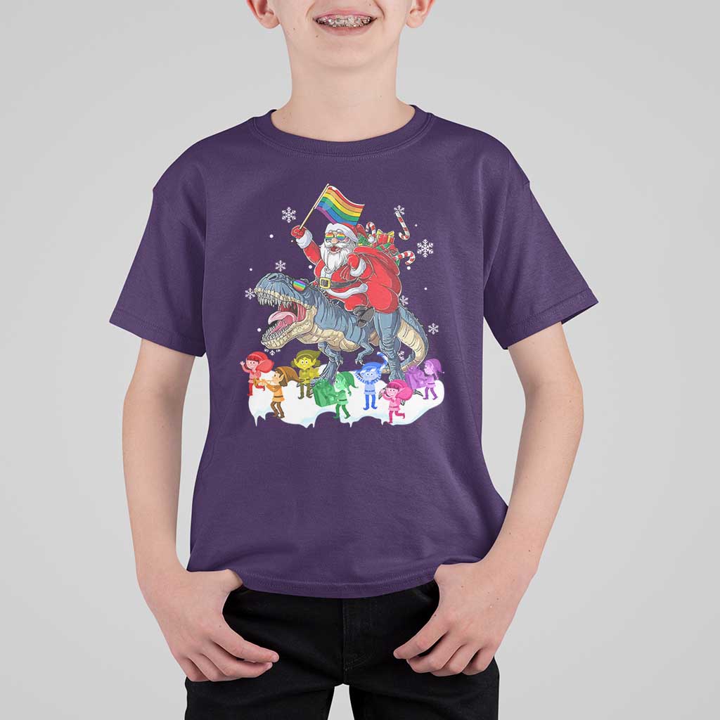 Funny Christmas LGBT T Shirt For Kid Rainbow Flag Santa Riding Dinosaur - Wonder Print Shop