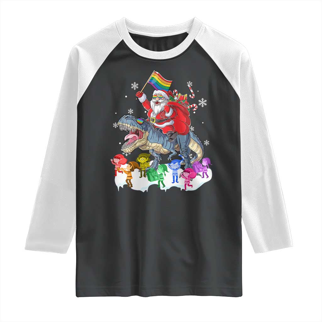 Funny Christmas LGBT Raglan Shirt Rainbow Flag Santa Riding Dinosaur