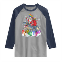 Funny Christmas LGBT Raglan Shirt Rainbow Flag Santa Riding Dinosaur