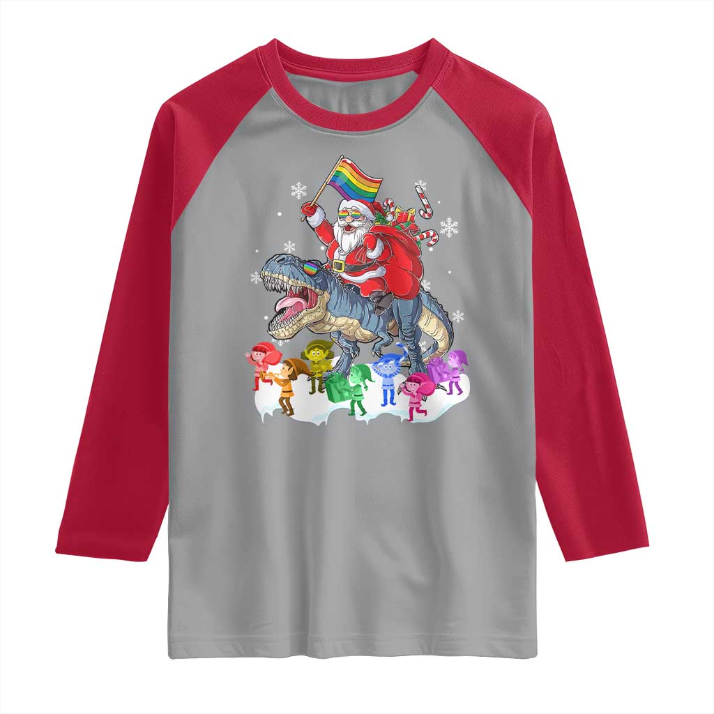 Funny Christmas LGBT Raglan Shirt Rainbow Flag Santa Riding Dinosaur