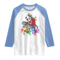 Funny Christmas LGBT Raglan Shirt Rainbow Flag Santa Riding Dinosaur
