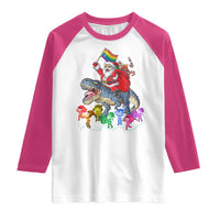 Funny Christmas LGBT Raglan Shirt Rainbow Flag Santa Riding Dinosaur