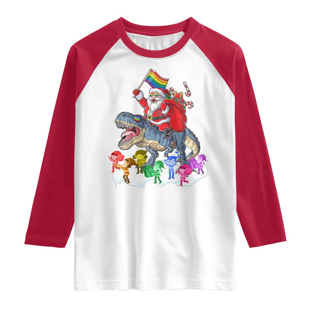 Funny Christmas LGBT Raglan Shirt Rainbow Flag Santa Riding Dinosaur