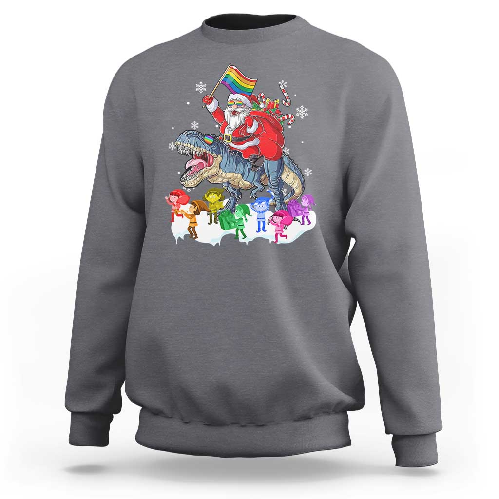 Funny Christmas LGBT Sweatshirt Rainbow Flag Santa Riding Dinosaur - Wonder Print Shop
