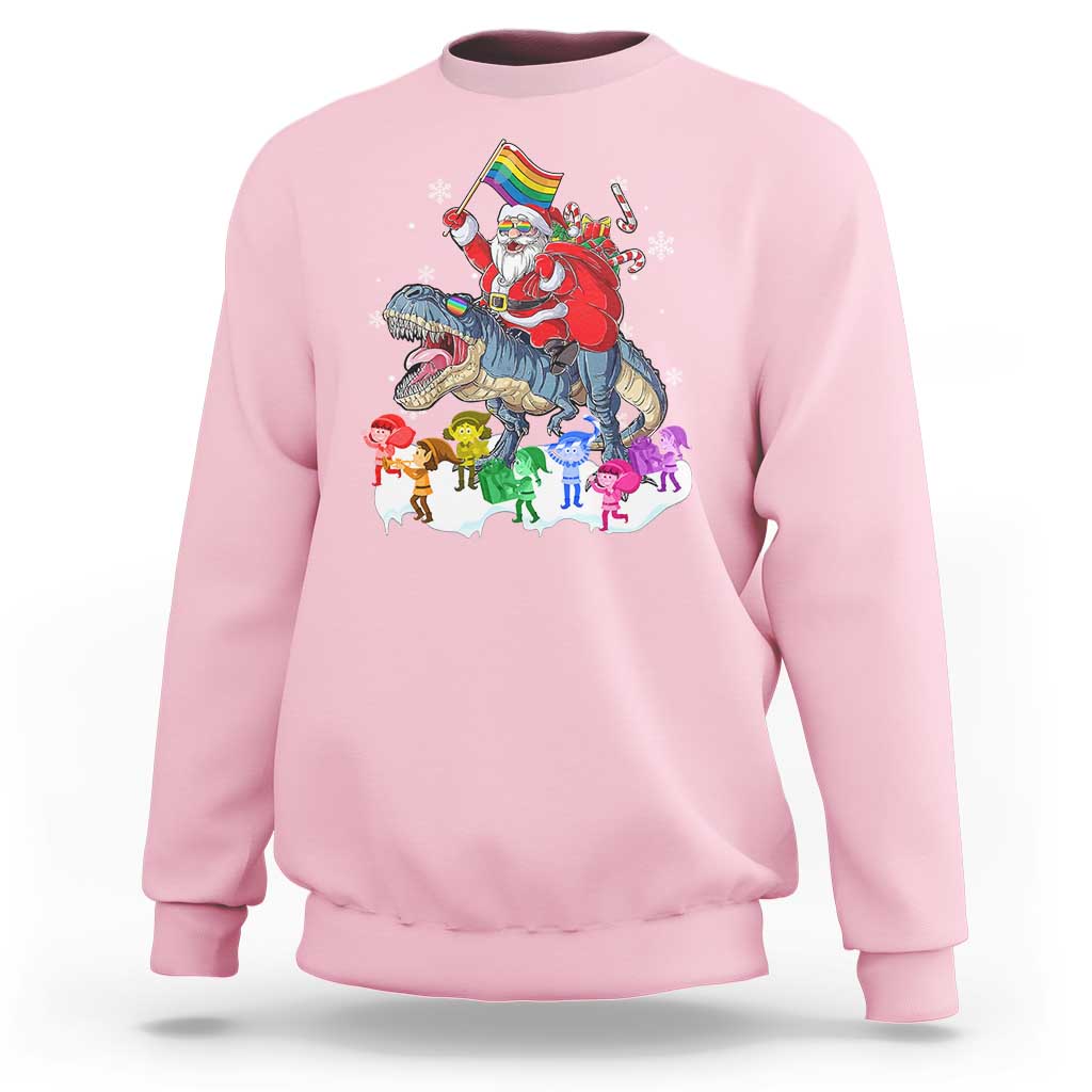 Funny Christmas LGBT Sweatshirt Rainbow Flag Santa Riding Dinosaur - Wonder Print Shop