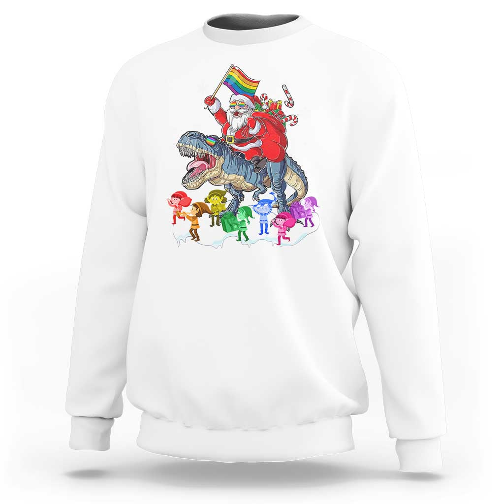 Funny Christmas LGBT Sweatshirt Rainbow Flag Santa Riding Dinosaur - Wonder Print Shop